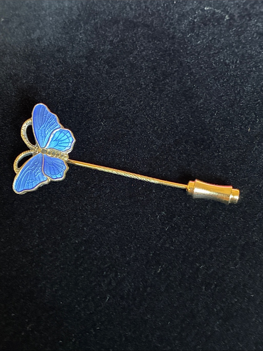 Vtg Norway Sterling Silver BUTTERFLY Stick Pin Blue enamel and Gold